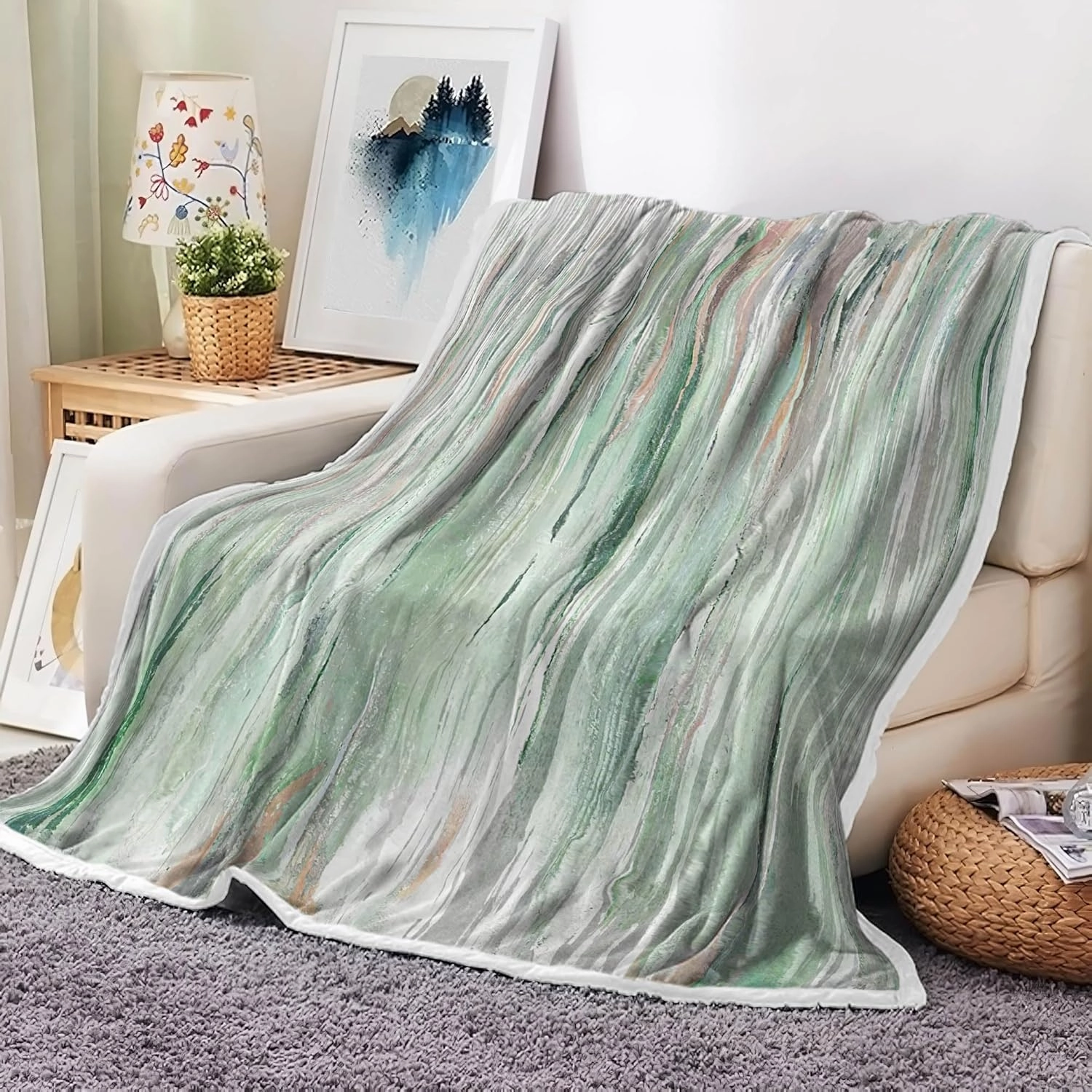 JAWO Sage Green Throw Blanket, Green Blankets Abstract Soft Fleece Blankets for Couch Sofa Bedroom, Morden Navy green teal Cooling blanket for Women Girls Gifts, 50X60