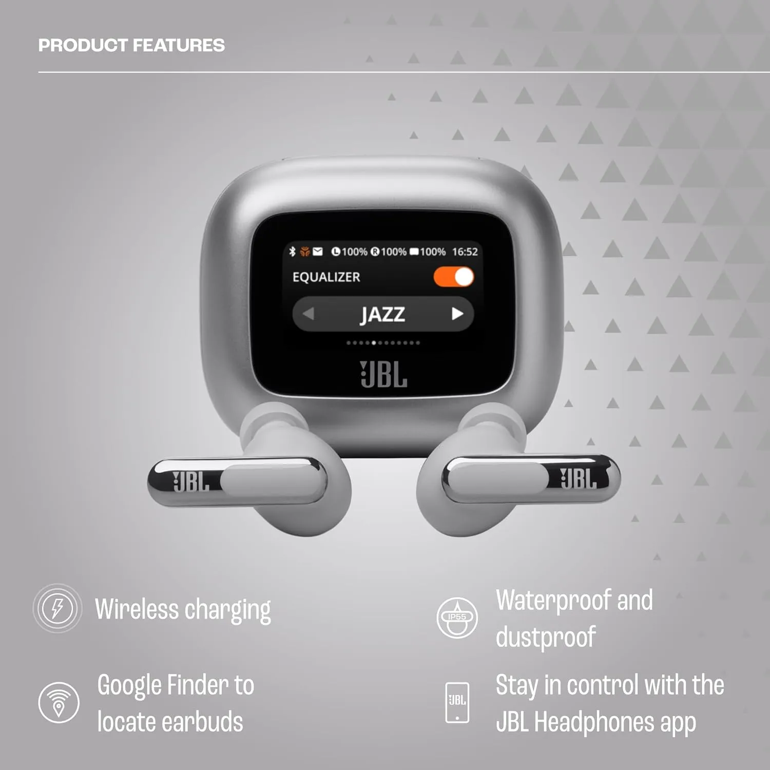 JBL Live Beam 3 - True wireless noise-cancelling stick-closed earbuds, 48Hrs total playback, Wireless Charging, 6 Mics for perfect calls, Multi-point connection, IP55 waterproof and dustproof (Silver)