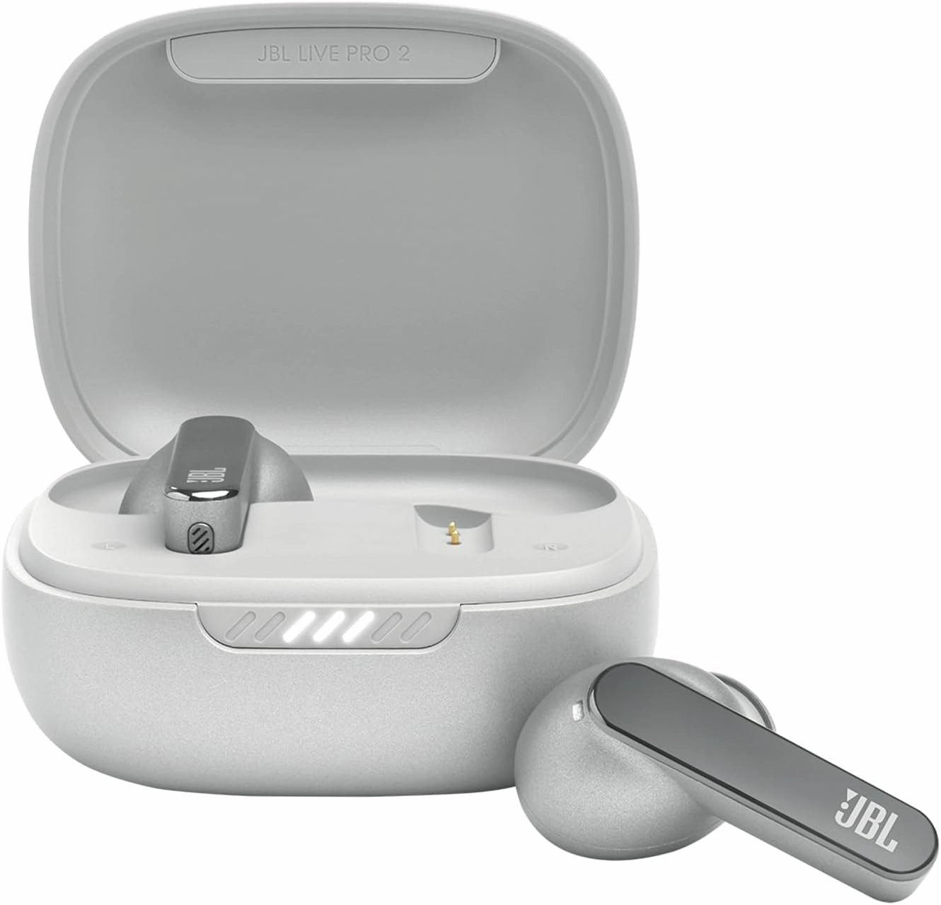JBL Live Pro 2 - True Wireless Noise Cancelling Earbuds, up to 40 Hours of Playback with Wireless Charging, 6 mics for Perfect Calls, Touch & Voice Control, IPX5 Water Resistant (Silver)