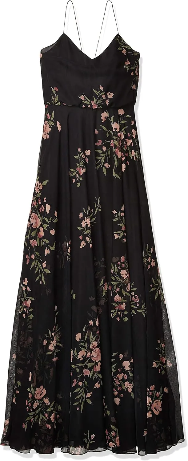Jenny Yoo Women's Inesse Thin Strap V Neck Long Floral Chiffon Gown