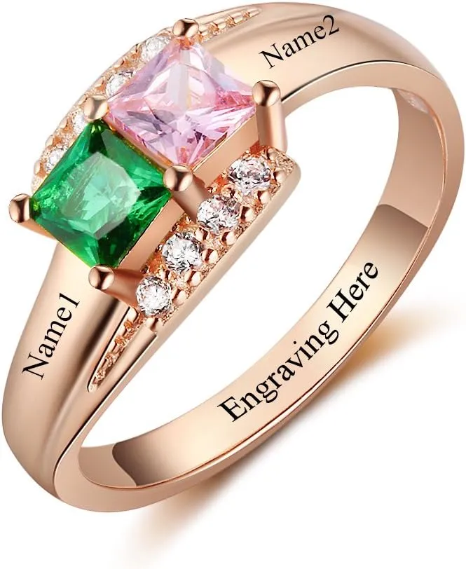 JewelOra Custom Name BFF Rings for Women Cheap Mothers Rings with 2 Simulated Birthstones Promise Rings for Her