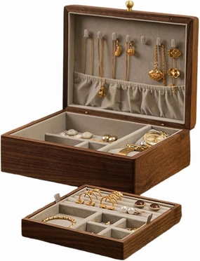 Jewelry Box , 2-Layer Solid Walnut Wooden Jewelry Box - V-intage Velvet Wood Jewelry Case - Jewelry Holder Organizer Storage for Earrings Rings Necklaces Bracelet Watch Gift Case - 9.7 x 7.3 x 3.3 Inc