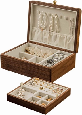 Jewelry Box , 2-Layer Solid Walnut Wooden Jewelry Box - V-intage Velvet Wood Jewelry Case - Jewelry Holder Organizer Storage for Earrings Rings Necklaces Bracelet Watch Gift Case - 9.7 x 7.3 x 3.3 Inc