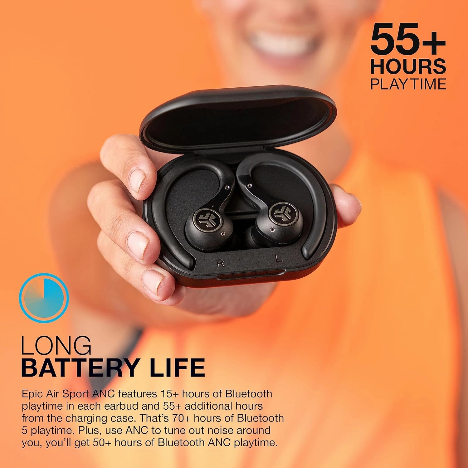 JLab Epic Air Sport ANC Gen 2 True Wireless Bluetooth Earbuds, Headphones for Working Out, IP66 Sweatproof, 15-Hour Battery Life  55-Hour Charging Case, Music Controls, 3 EQ Sound Settings