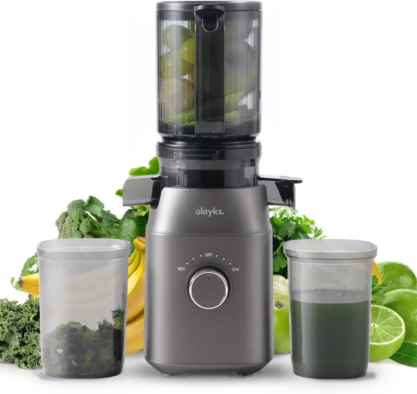 Juicer Machines, Olayks Cold Press Juicer with 4.3" Large Feed Chute Fit Whole Fruit and Vegetable, Masticating Machine with Juice Recipe, Self Feeding Effortless for Batch Juicing, Easy to Clean,Gray