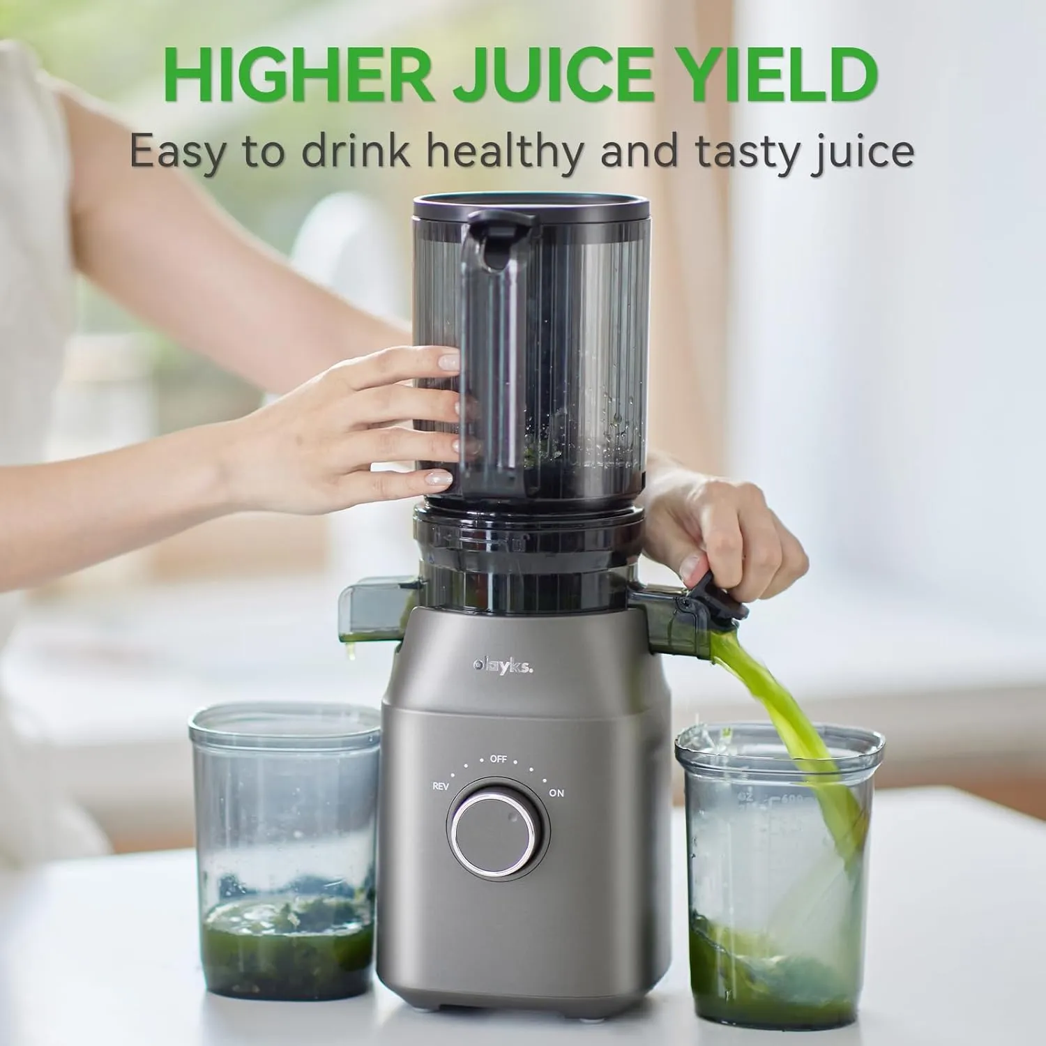Juicer Machines, Olayks Cold Press Juicer with 4.3" Large Feed Chute Fit Whole Fruit and Vegetable, Masticating Machine with Juice Recipe, Self Feeding Effortless for Batch Juicing, Easy to Clean,Gray