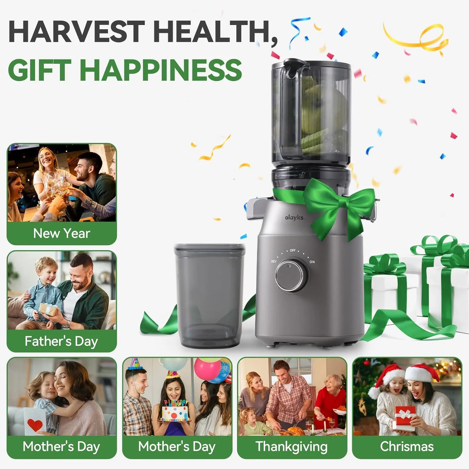 Juicer Machines, Olayks Cold Press Juicer with 4.3" Large Feed Chute Fit Whole Fruit and Vegetable, Masticating Machine with Juice Recipe, Self Feeding Effortless for Batch Juicing, Easy to Clean,Gray