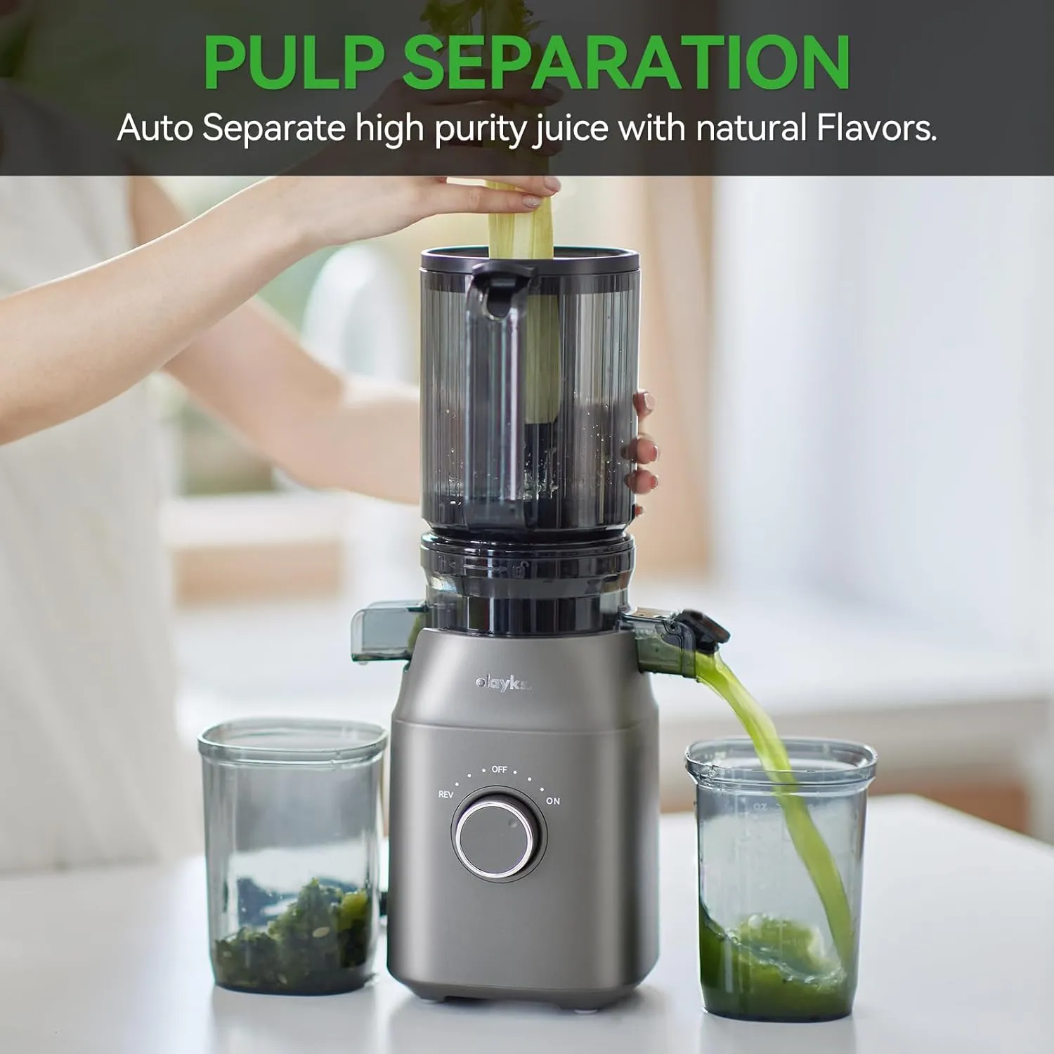 Juicer Machines, Olayks Cold Press Juicer with 4.3" Large Feed Chute Fit Whole Fruit and Vegetable, Masticating Machine with Juice Recipe, Self Feeding Effortless for Batch Juicing, Easy to Clean,Gray