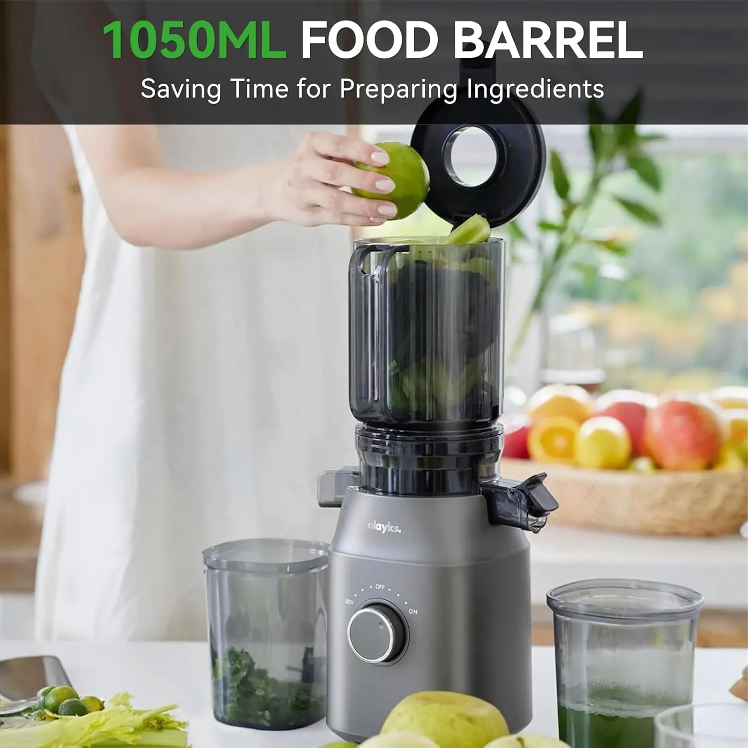 Juicer Machines, Olayks Cold Press Juicer with 4.3" Large Feed Chute Fit Whole Fruit and Vegetable, Masticating Machine with Juice Recipe, Self Feeding Effortless for Batch Juicing, Easy to Clean,Gray