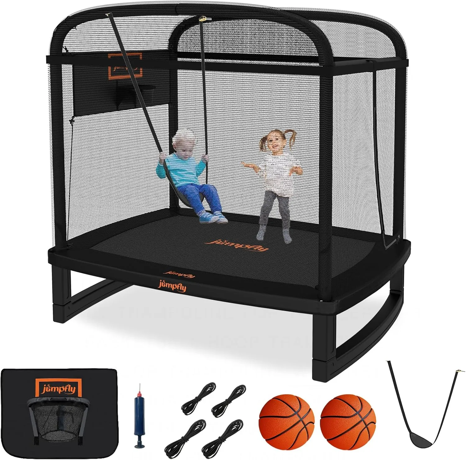 jumpfly 6FT Rectangle Trampoline for Kids,Toddler Trampoline with Swing & Basketball Hoop, Indoor & Outdoor Mini Trampoline with Enclosure, ASTM Approved