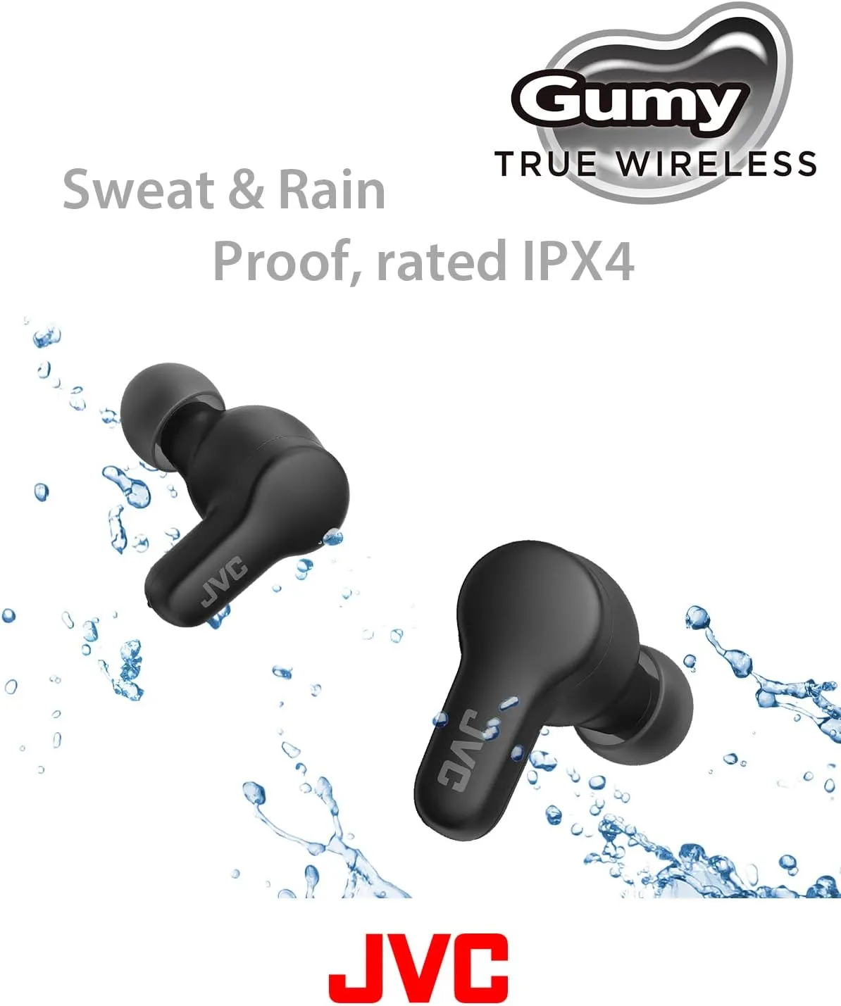 JVC Gumy True Wireless Earbuds, Bluetooth 5.3, Charging Case, 24-Hour Playback, IPX4 Water Resistant, Comfortable Secure Fit with XS/S/M/L Earpieces, Built-in Mic for Calls, iPhone/Android/PC - HAA7T2