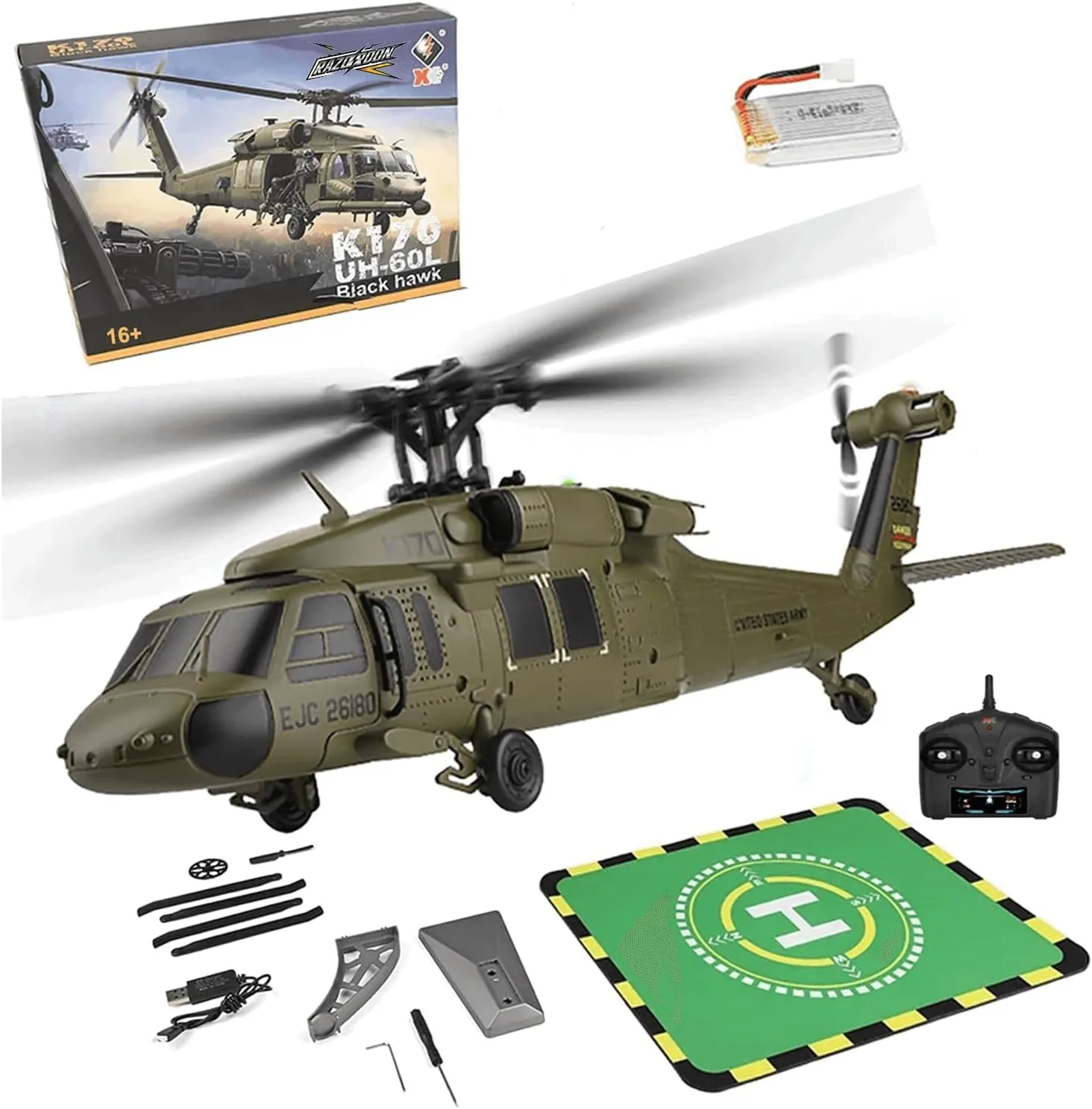 K170 Black Hawk UH-60L RC Helicopter,4CH Four Propeller Simulation Brushless Fixed Height Helicopter,RC Military Helicopters for Adults