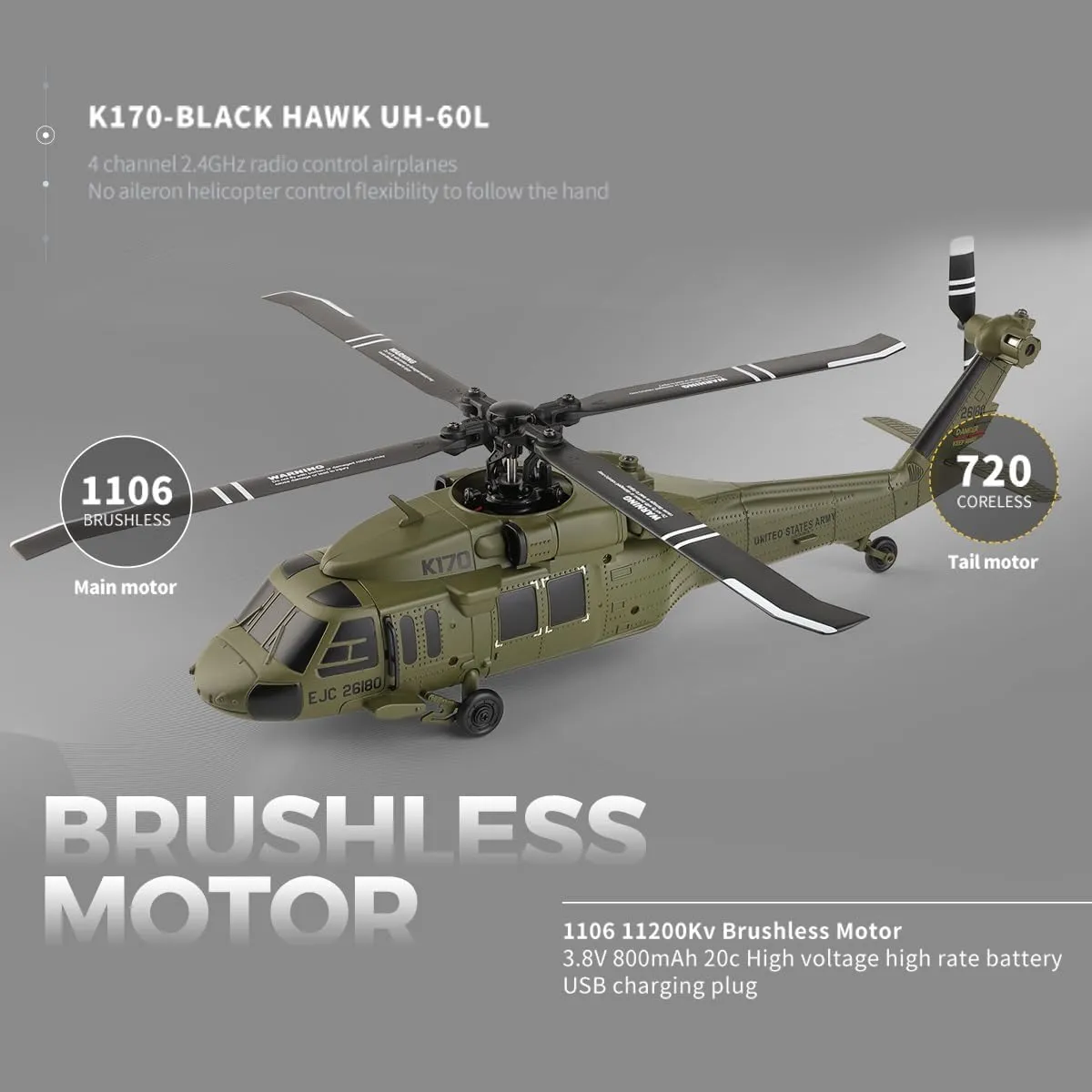 K170 Black Hawk UH-60L RC Helicopter,4CH Four Propeller Simulation Brushless Fixed Height Helicopter,RC Military Helicopters for Adults