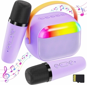 Karaoke Machine for Kids with Memory Card, Portable Bluetooth Speaker with 2 Wireless Microphones, Kids Microphone for 4 5 6 7 8 9 10  Years Old, Christmas Birthday Present for Girls,Purple