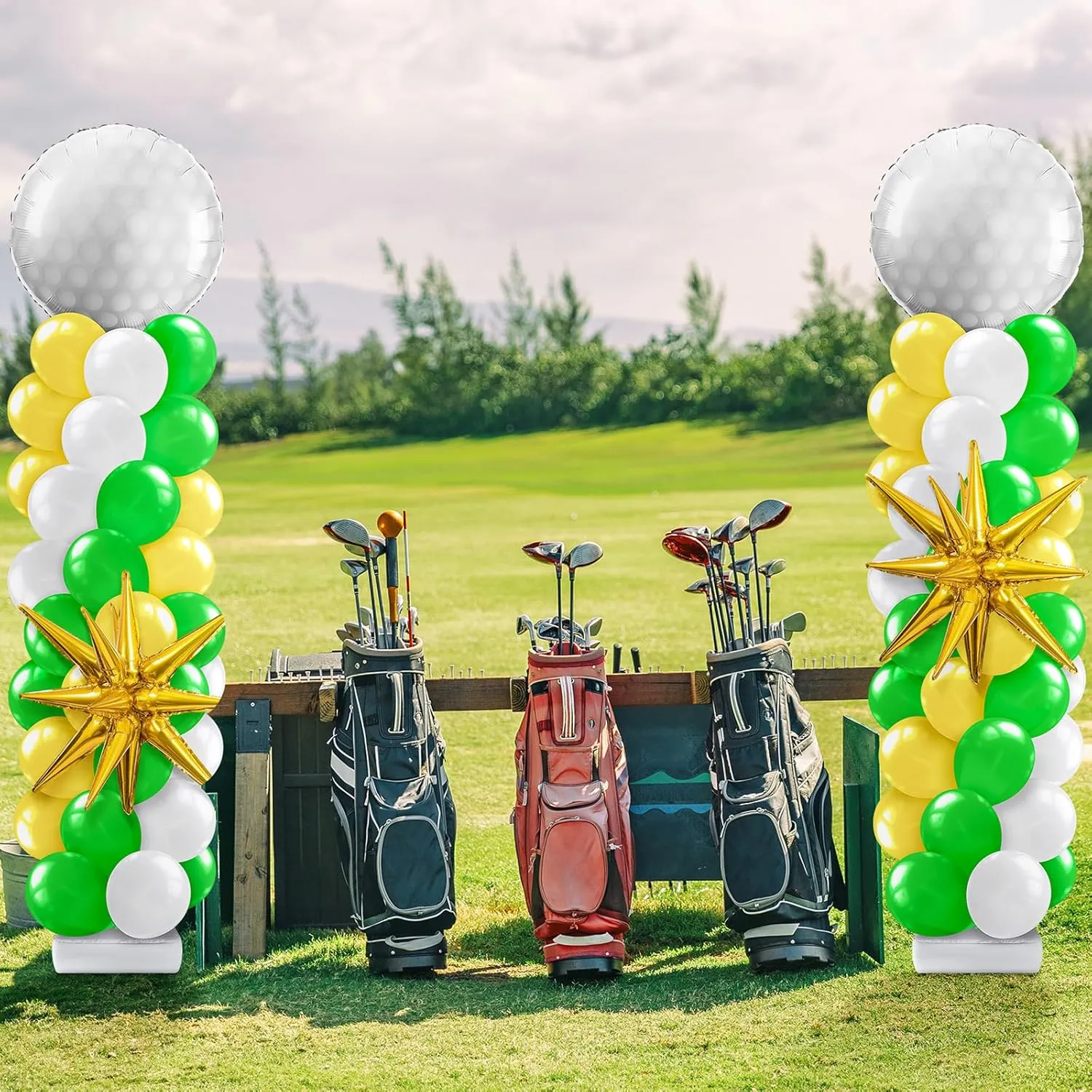 Kasyat 2 Sets Golf Balloon Column Stand Kit Golf Ball Yellow Green White Arch Garland Kit with Foil Balloon for Masters Sport Birthday Party Decorations