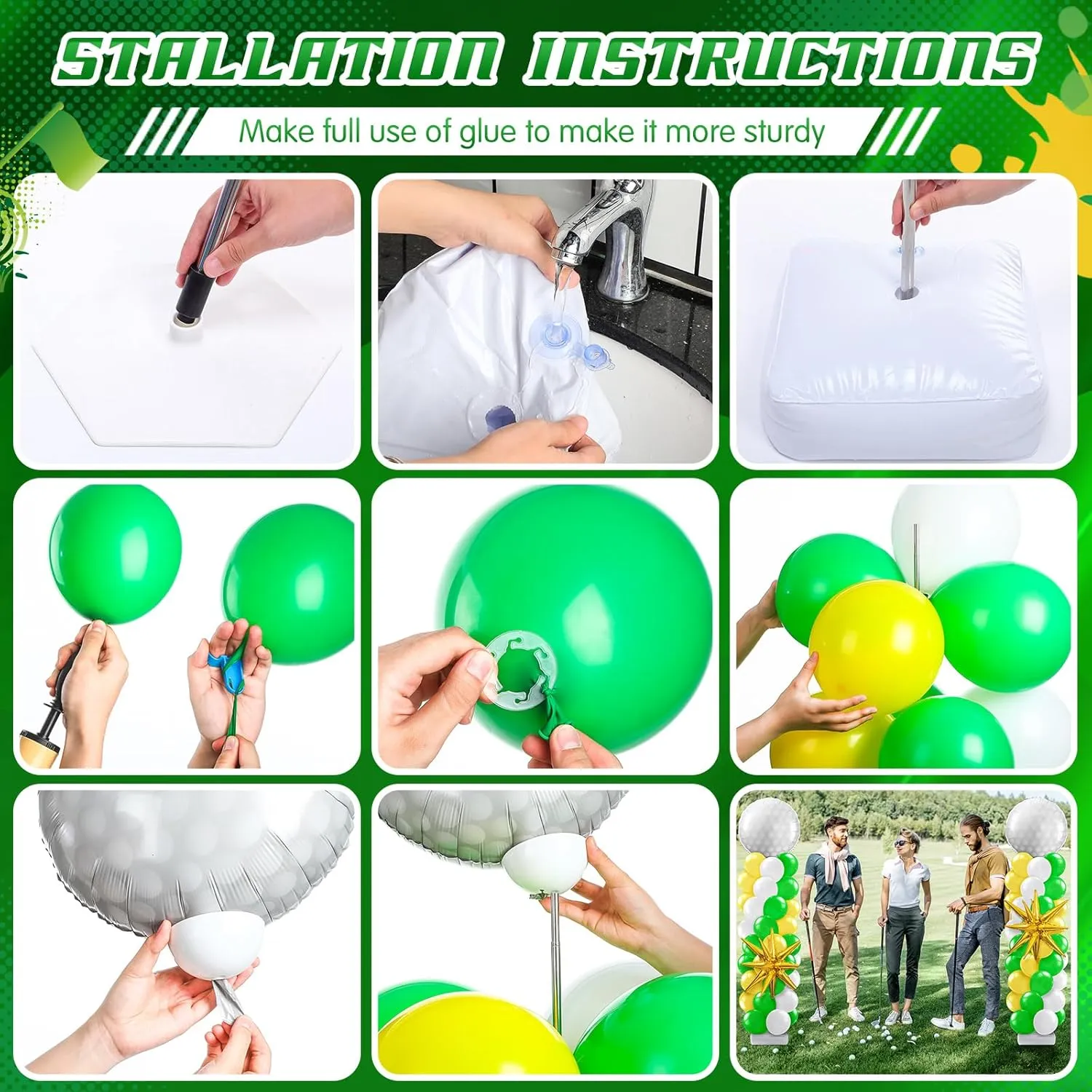 Kasyat 2 Sets Golf Balloon Column Stand Kit Golf Ball Yellow Green White Arch Garland Kit with Foil Balloon for Masters Sport Birthday Party Decorations