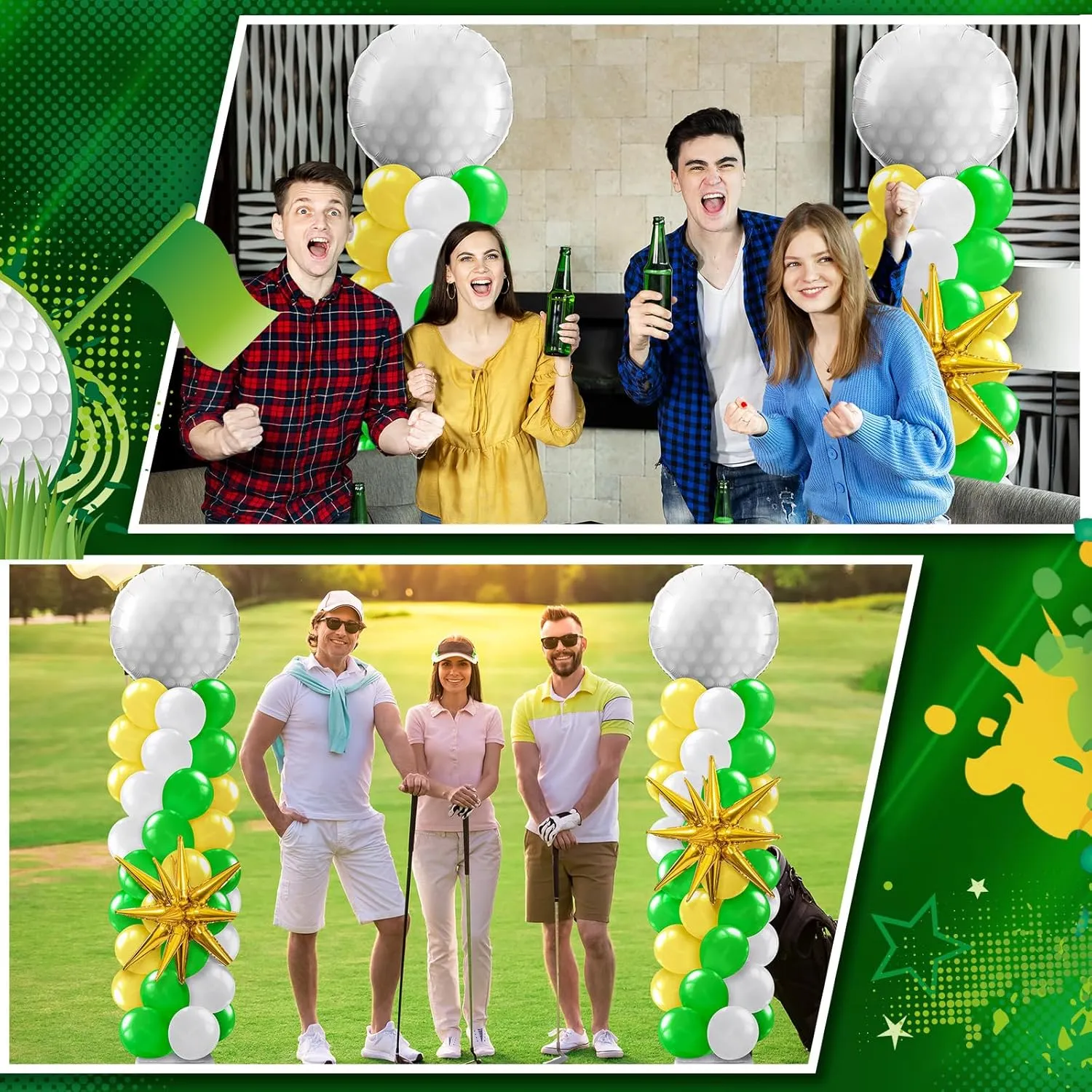 Kasyat 2 Sets Golf Balloon Column Stand Kit Golf Ball Yellow Green White Arch Garland Kit with Foil Balloon for Masters Sport Birthday Party Decorations