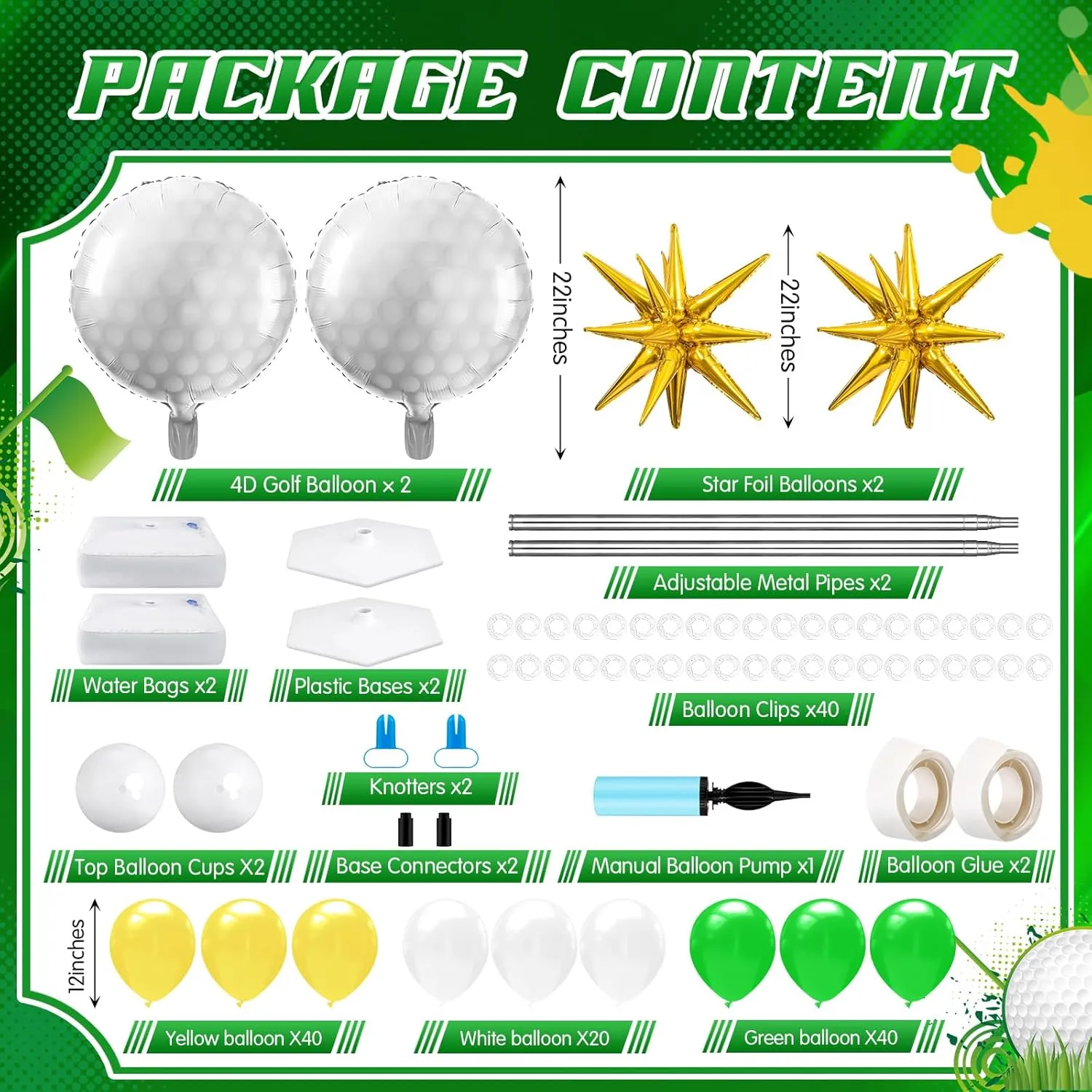 Kasyat 2 Sets Golf Balloon Column Stand Kit Golf Ball Yellow Green White Arch Garland Kit with Foil Balloon for Masters Sport Birthday Party Decorations