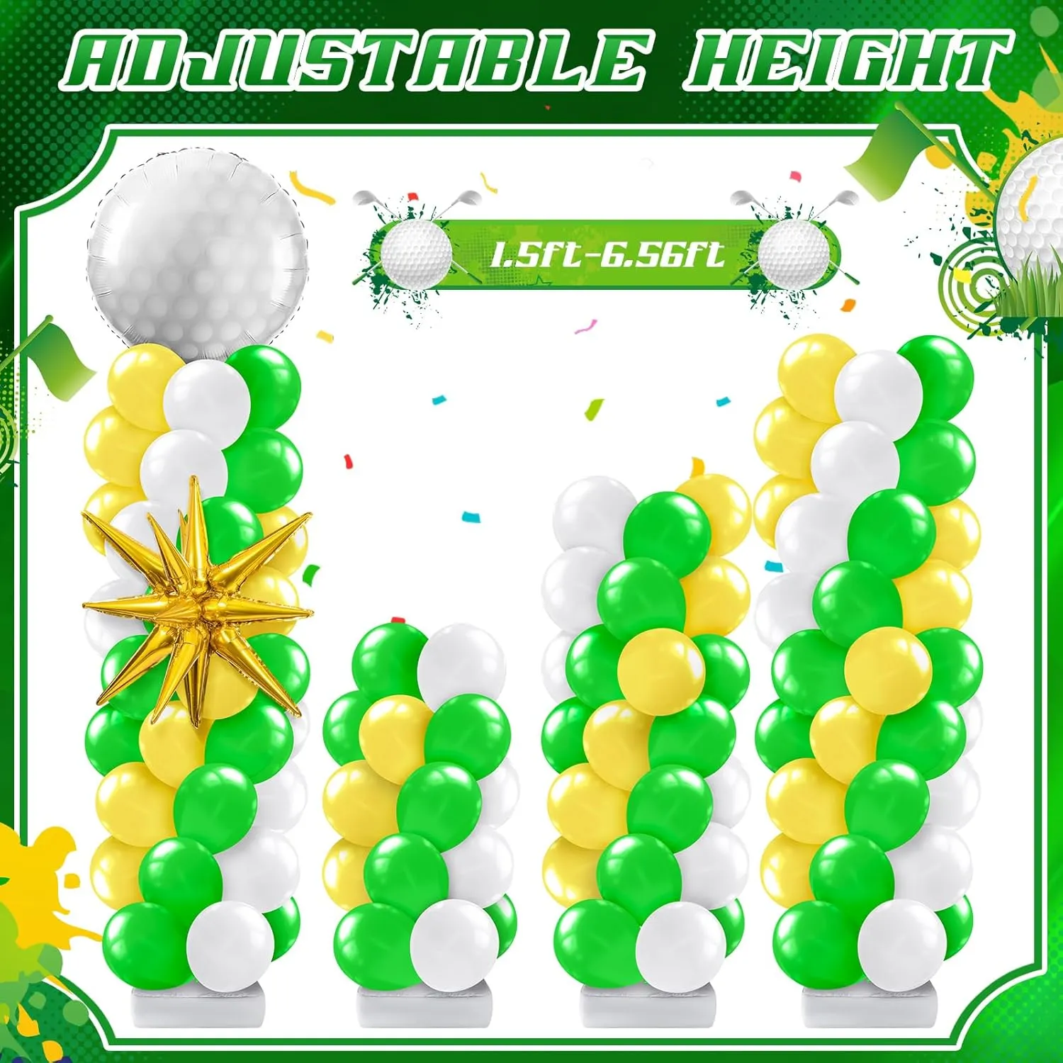 Kasyat 2 Sets Golf Balloon Column Stand Kit Golf Ball Yellow Green White Arch Garland Kit with Foil Balloon for Masters Sport Birthday Party Decorations