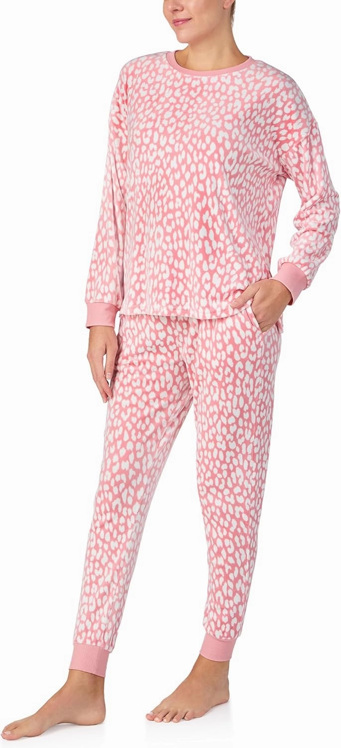 kate spade Women's 2-Piece Long Sleeve Crew Neck Top & Jogger Pants Pajama Lounge Set, Stretch Velour, Drawstring Waist