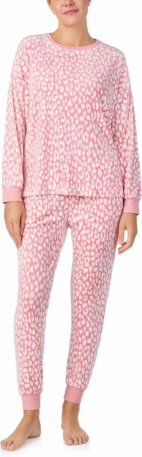 kate spade Women's 2-Piece Long Sleeve Crew Neck Top & Jogger Pants Pajama Lounge Set, Stretch Velour, Drawstring Waist