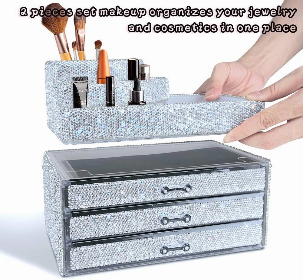 KEYPOWER Makeup Organizers Drawer Bling Diamond,Countertop Jewelry Cosmetic Storage Display Boxes,Makeup Brush Holder,2 Pieces Set(Purely Handmade)(White)