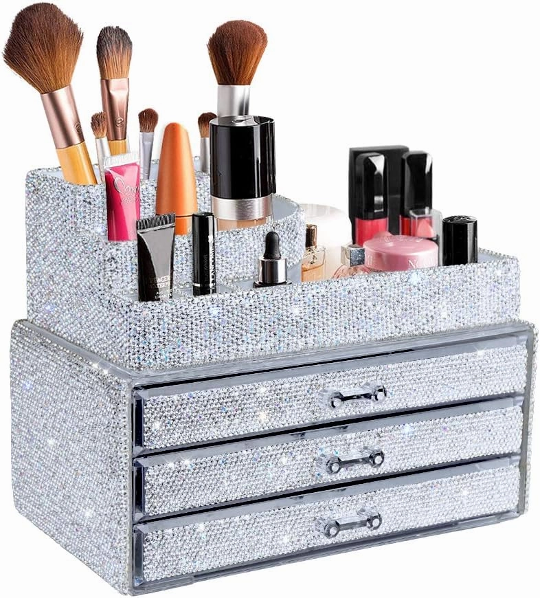 KEYPOWER Makeup Organizers Drawer Bling Diamond,Countertop Jewelry Cosmetic Storage Display Boxes,Makeup Brush Holder,2 Pieces Set(Purely Handmade)(White)