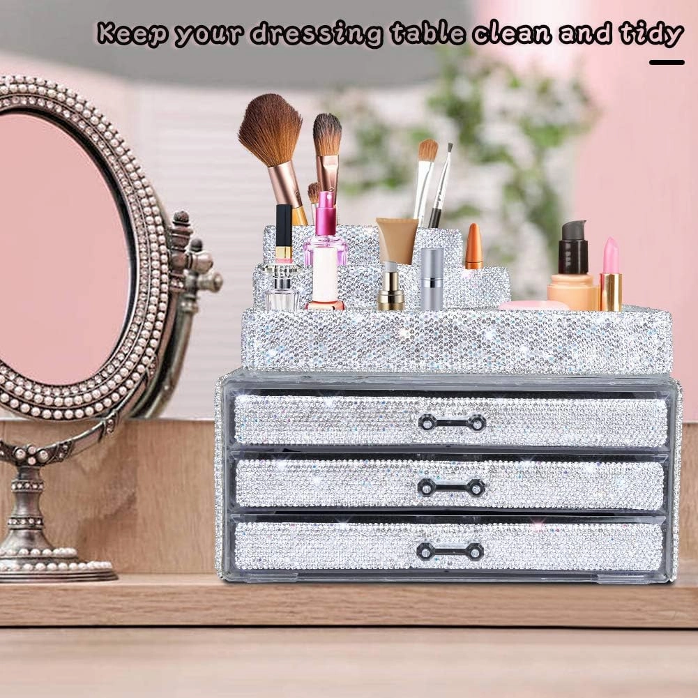 KEYPOWER Makeup Organizers Drawer Bling Diamond,Countertop Jewelry Cosmetic Storage Display Boxes,Makeup Brush Holder,2 Pieces Set(Purely Handmade)(White)