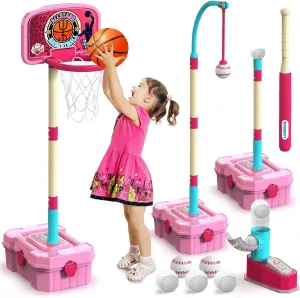 Kids Basketball Hoop and T-Ball Set for Kids 3-5, 3 Adjustable Toddler Basketball Hoop Indoor Outdoor Kids Toys Birthday Gift for Boys Girls