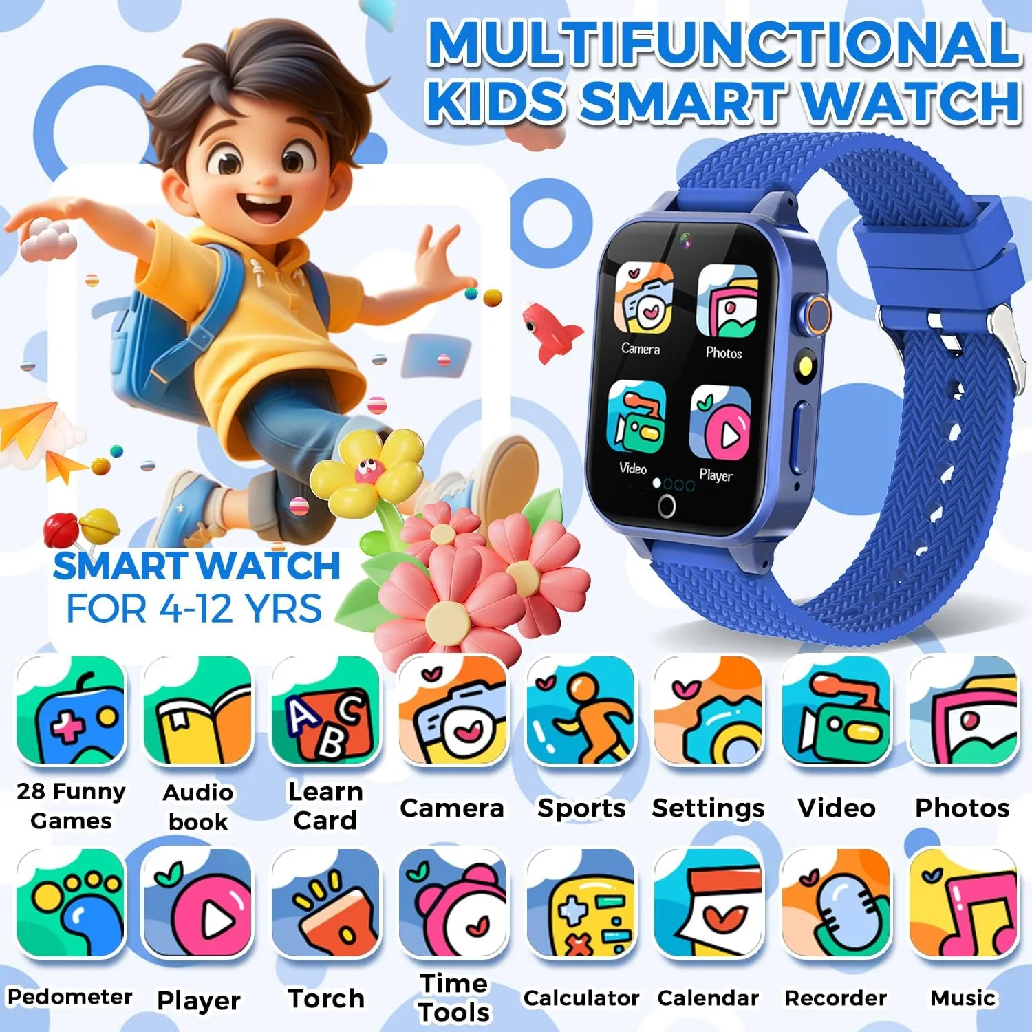 Kids Game Watch for Girls Age 3-12 Learning Toys with 26 Games Audiobook Learning Cards HD Video Camera Touchscreen Music Pedometer Learning Systems Birthday Gift with 2 Screen Protector (Blue)