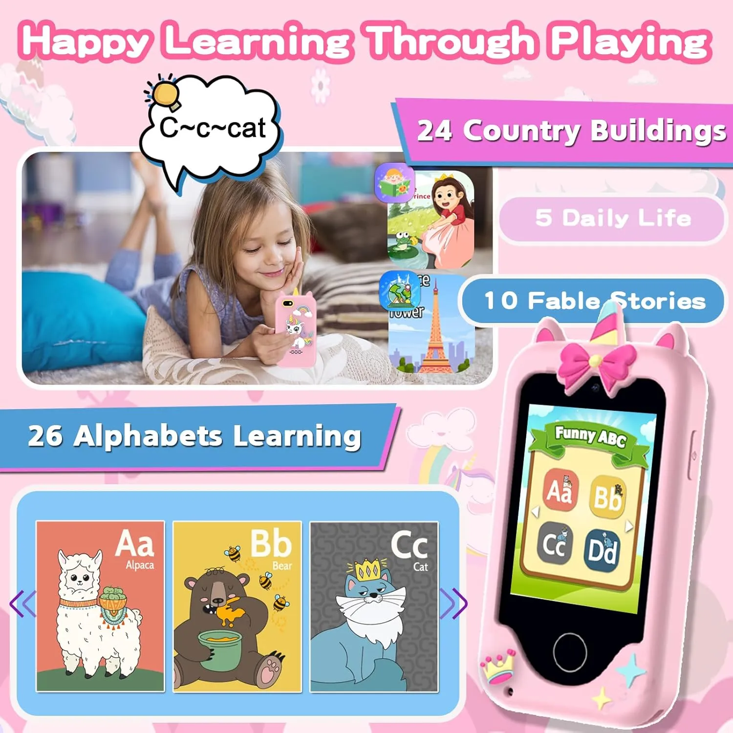 Kids Phone Toys for Girls, 3 4 5 6 7 8 Year Old Boys Girls Christmas Birthday Gifts for Kids, 2.8" Touchscreen Smartphone Toddler Cell Phone, Children Play Toy Phone with Camera, Game, Music, 8GB Card