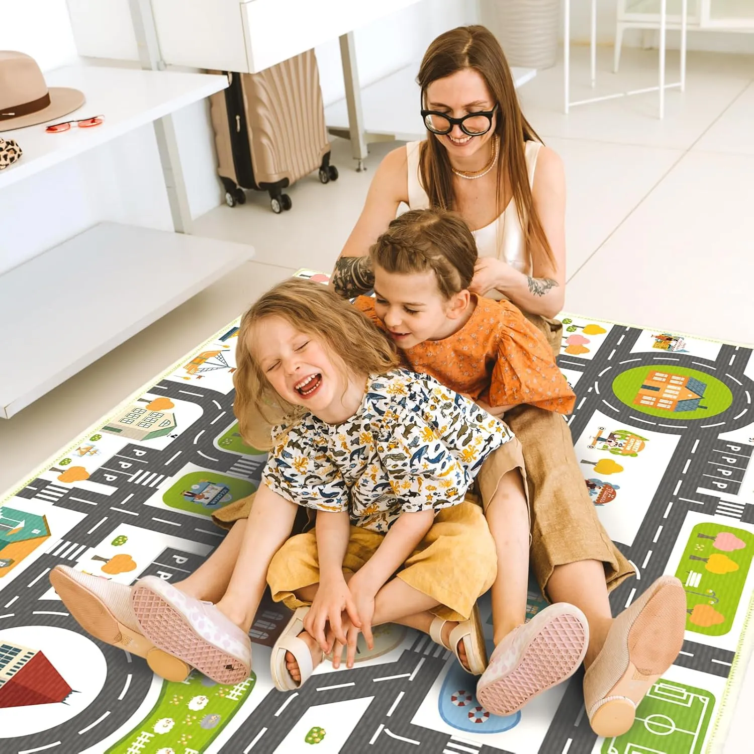 Kids Rug 31.5 in x 47 Kids Play Mat for Classroom, Traffic Road Car Carpet for Toddler Non Slip Washable City Map Playroom Rug for Kid Room Decor (White, 2.6'x4')