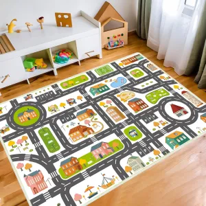 Kids Rug 31.5 in x 47 Kids Play Mat for Classroom, Traffic Road Car Carpet for Toddler Non Slip Washable City Map Playroom Rug for Kid Room Decor (White, 2.6'x4')