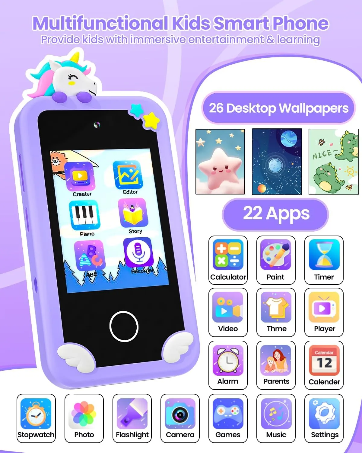 Kids Smart Phone for Girls with Holographic Pyramid, Christmas Birthday Gifts for Age 3-10 Kids Toys Cell Phone, 2.8" Touchscreen Toddler Learning Play Toy, Dual Camera, Music Player, 32G Card(Purple)