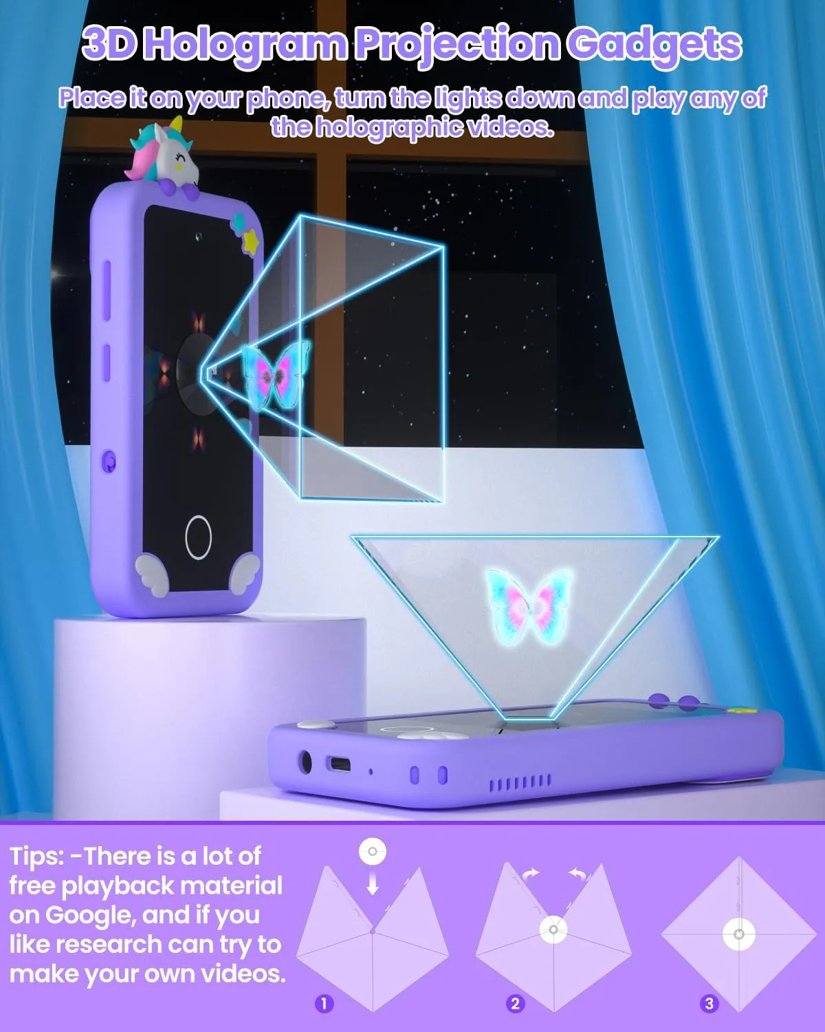 Kids Smart Phone for Girls with Holographic Pyramid, Christmas Birthday Gifts for Age 3-10 Kids Toys Cell Phone, 2.8" Touchscreen Toddler Learning Play Toy, Dual Camera, Music Player, 32G Card(Purple)