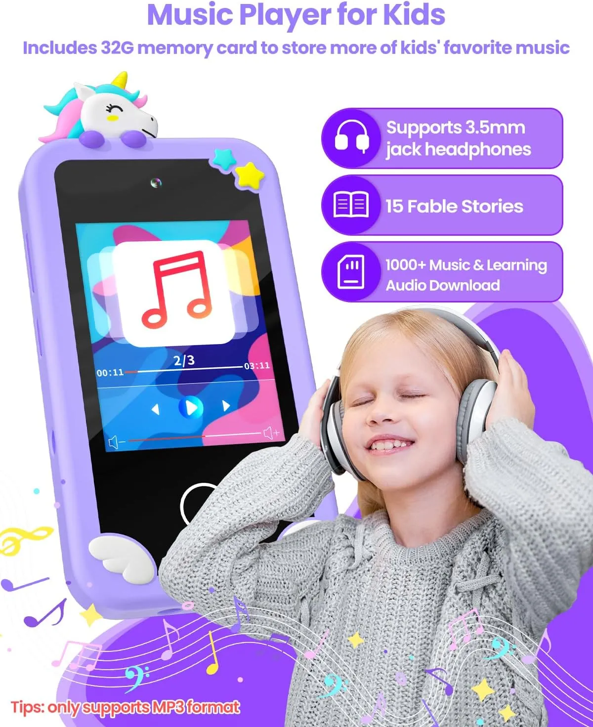 Kids Smart Phone for Girls with Holographic Pyramid, Christmas Birthday Gifts for Age 3-10 Kids Toys Cell Phone, 2.8" Touchscreen Toddler Learning Play Toy, Dual Camera, Music Player, 32G Card(Purple)