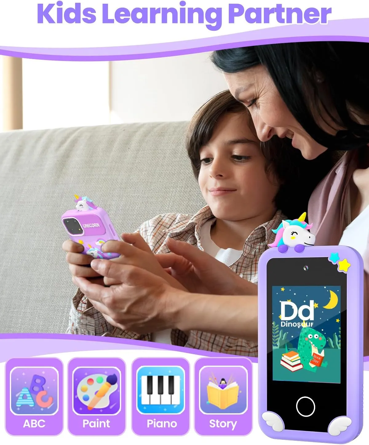 Kids Smart Phone for Girls with Holographic Pyramid, Christmas Birthday Gifts for Age 3-10 Kids Toys Cell Phone, 2.8" Touchscreen Toddler Learning Play Toy, Dual Camera, Music Player, 32G Card(Purple)