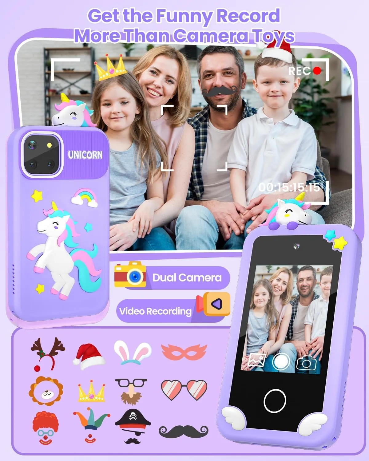 Kids Smart Phone for Girls with Holographic Pyramid, Christmas Birthday Gifts for Age 3-10 Kids Toys Cell Phone, 2.8" Touchscreen Toddler Learning Play Toy, Dual Camera, Music Player, 32G Card(Purple)