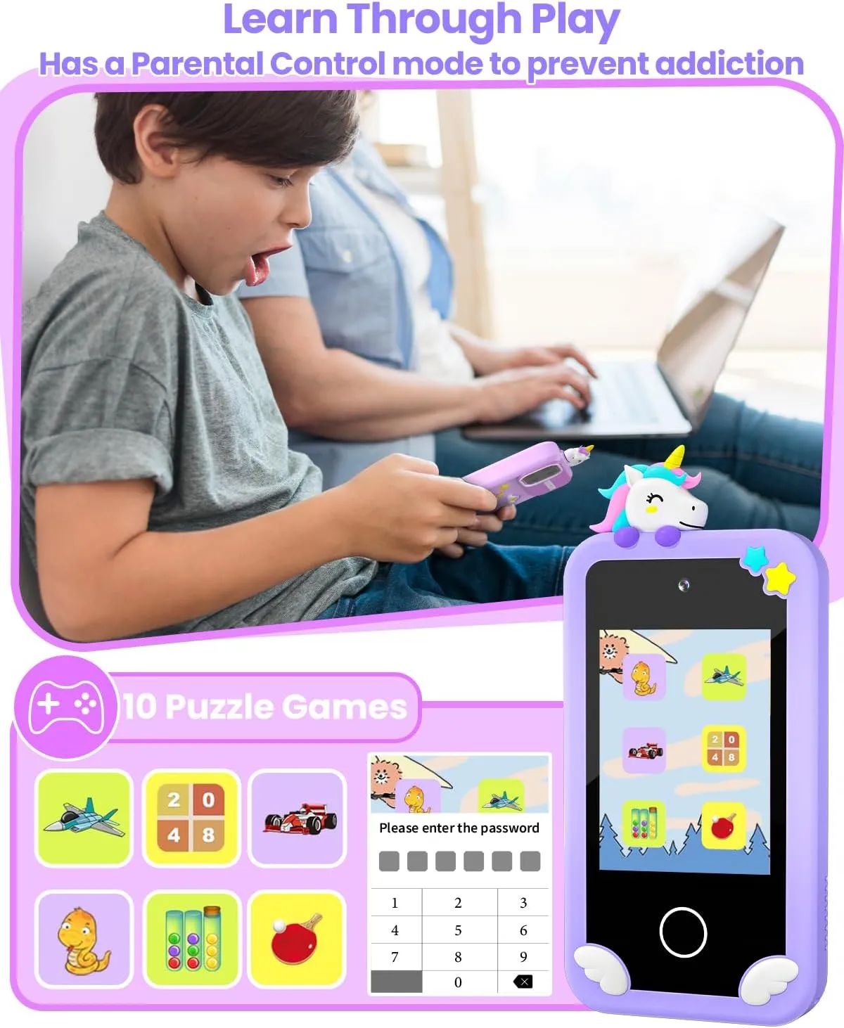 Kids Smart Phone for Girls with Holographic Pyramid, Christmas Birthday Gifts for Age 3-10 Kids Toys Cell Phone, 2.8" Touchscreen Toddler Learning Play Toy, Dual Camera, Music Player, 32G Card(Purple)