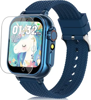 Kids Smart Watch for Girls Boys Ages 3-12 with 2 Screen Protector 32 Games 3 Sport Mode Video Camera Music Player 1.5" HD Touchscreen Alloy Case Learn Card Toys Toddles Watches Birthday Gift (Blue)
