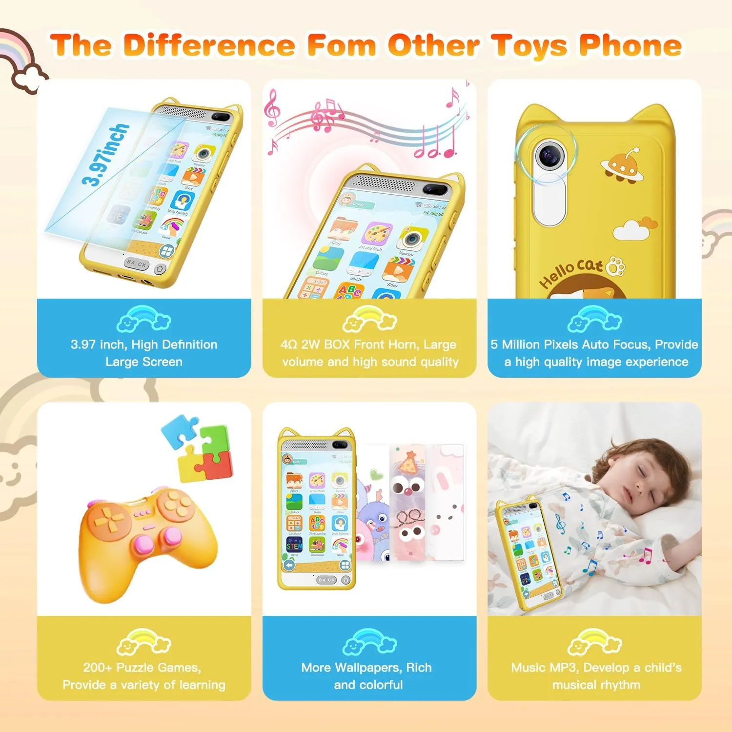 Kids Toys Phone 3.97" Touchscreen Learning Phone Puzzle Games Christmas Birthday Gifts for Kids, Toddler Toys for Girls Age 3 4 5 6 7 8 9 10 Years Old(Yellow)