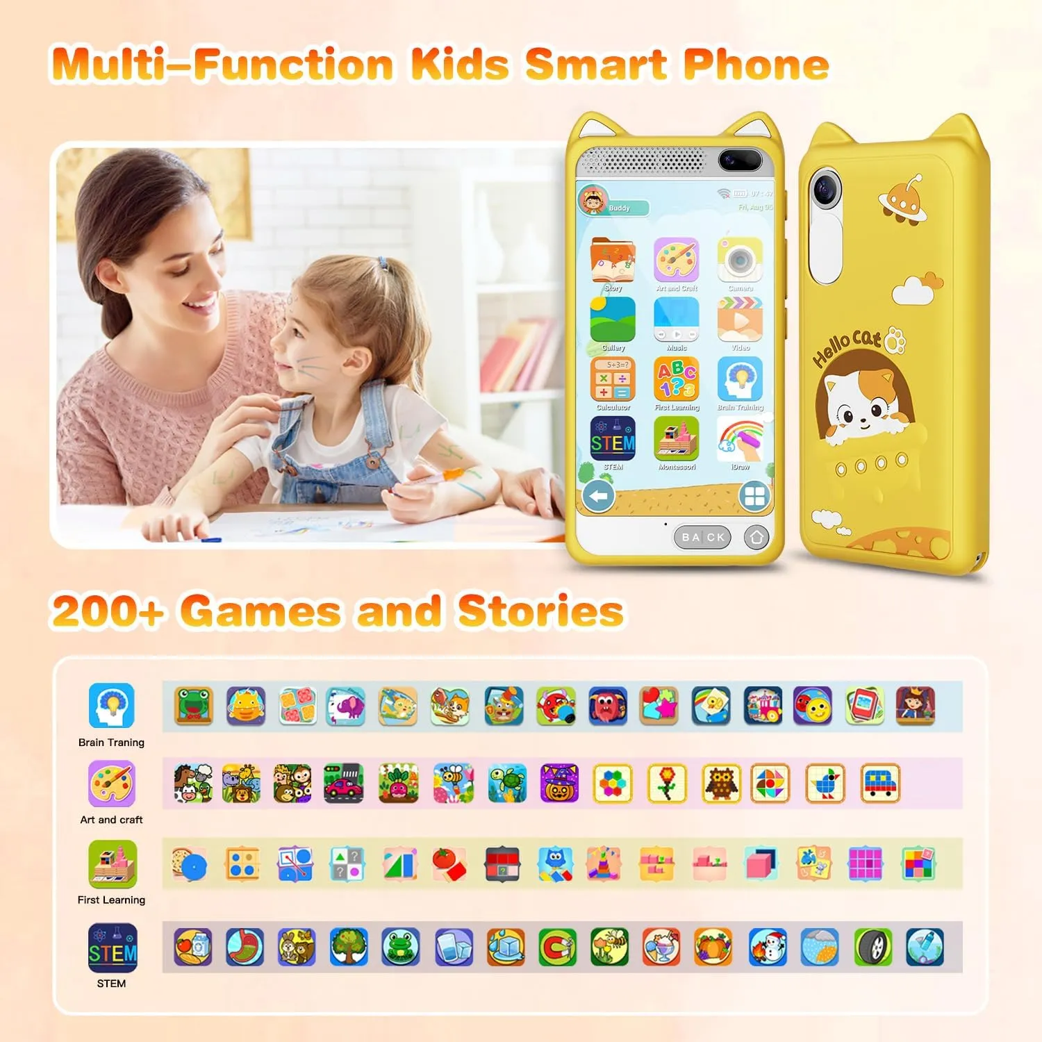 Kids Toys Phone 3.97" Touchscreen Learning Phone Puzzle Games Christmas Birthday Gifts for Kids, Toddler Toys for Girls Age 3 4 5 6 7 8 9 10 Years Old(Yellow)