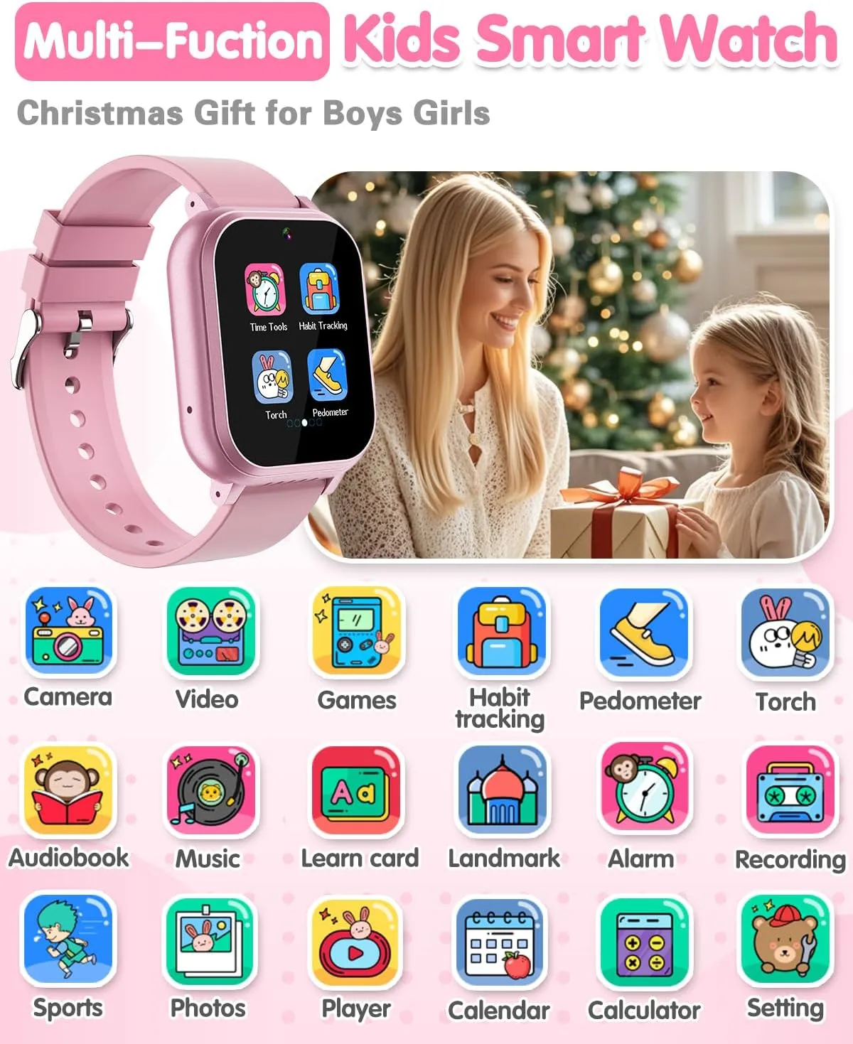 Kids Waterproof Smart Watch Girls Toys Age 6-8, Kids Watch with 32 Games Dual Camera HD TouchScreen Music Habit Tracking Alarm Pedometer Christmas Birthday Gifts Ideas for Girls 3-12 Year Old(Pink)