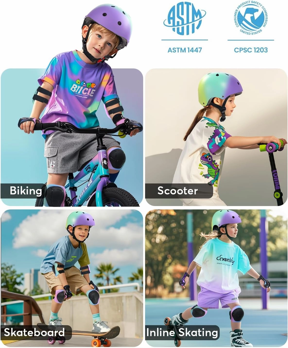 Kids Bike Helmet with Sports Protective Gear Set Knee Elbow Pads Wrist Pads for Bike Skateboard Skating Scooter Rollerblading, Adjustable and Ventilation Helmet Set