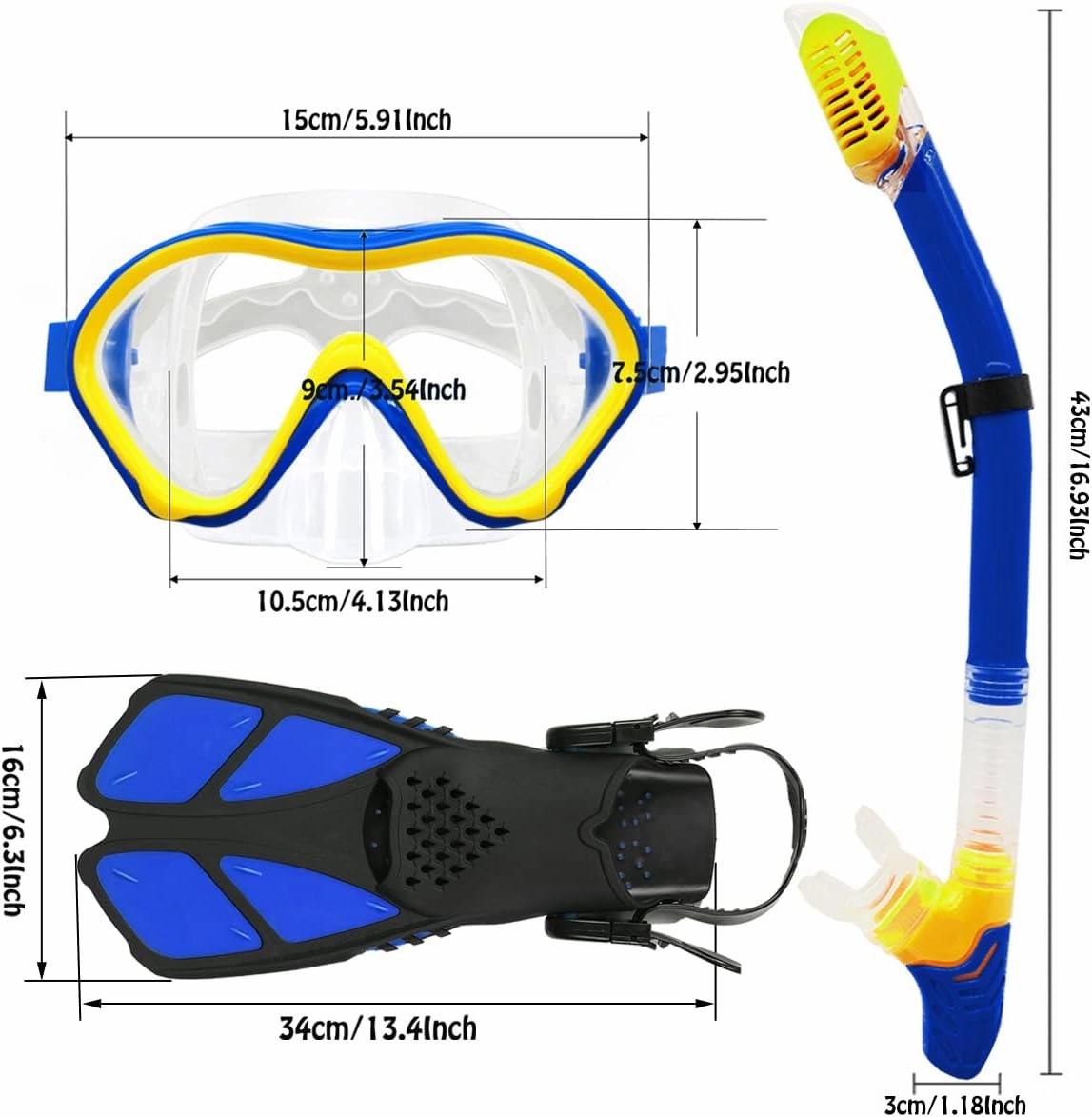 Kids Mask Fins Snorkel Set Snorkeling Packages, with Diving Mask, Snorkel, Adjustable Swim Fins, Mesh Bag, Anti-Fog Anti-Leak Snorkeling Gear for Kids for Snorkeling Swimming Diving