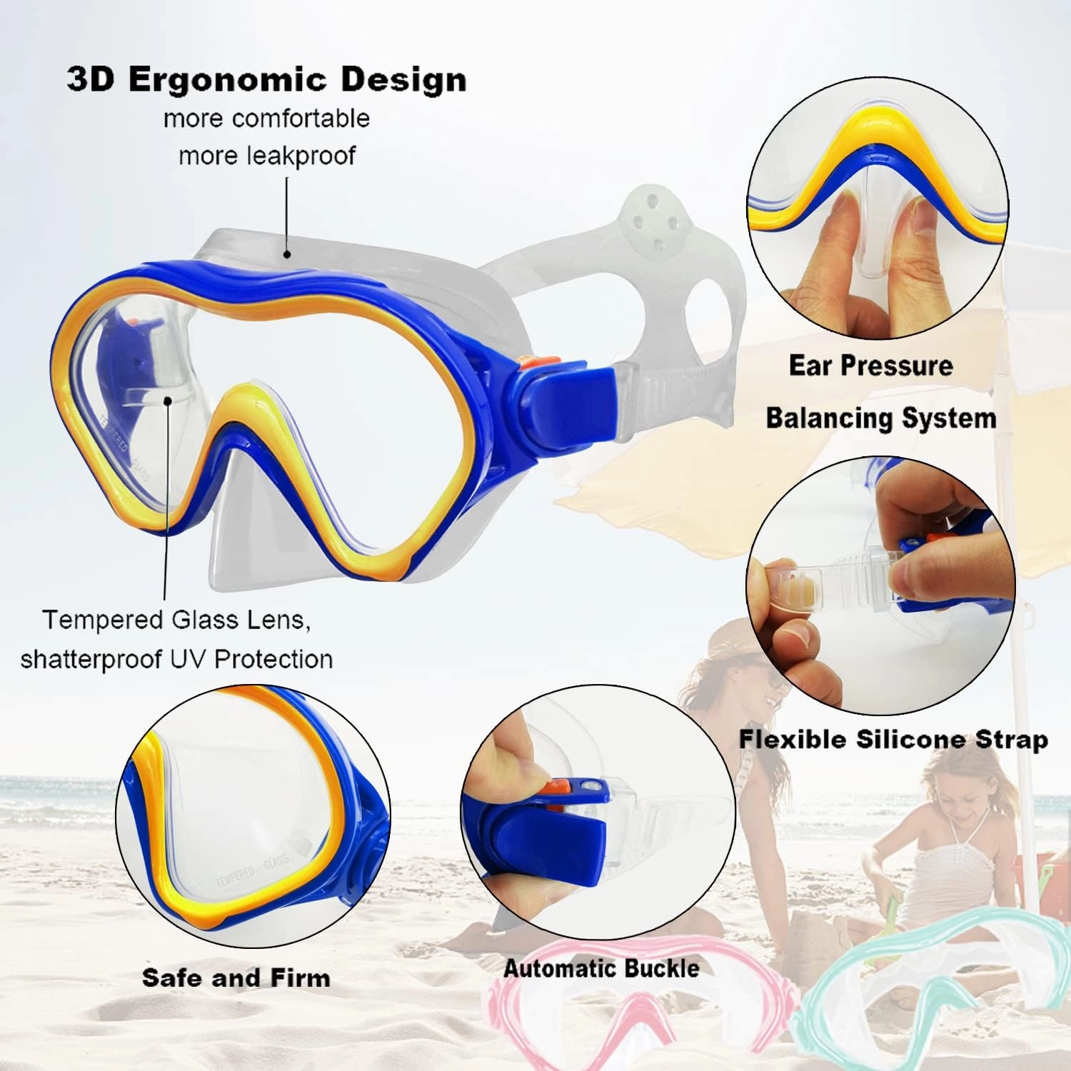 Kids Mask Fins Snorkel Set Snorkeling Packages, with Diving Mask, Snorkel, Adjustable Swim Fins, Mesh Bag, Anti-Fog Anti-Leak Snorkeling Gear for Kids for Snorkeling Swimming Diving