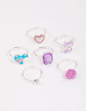 Kids Silver Diamante Rose Ring 6-Pack