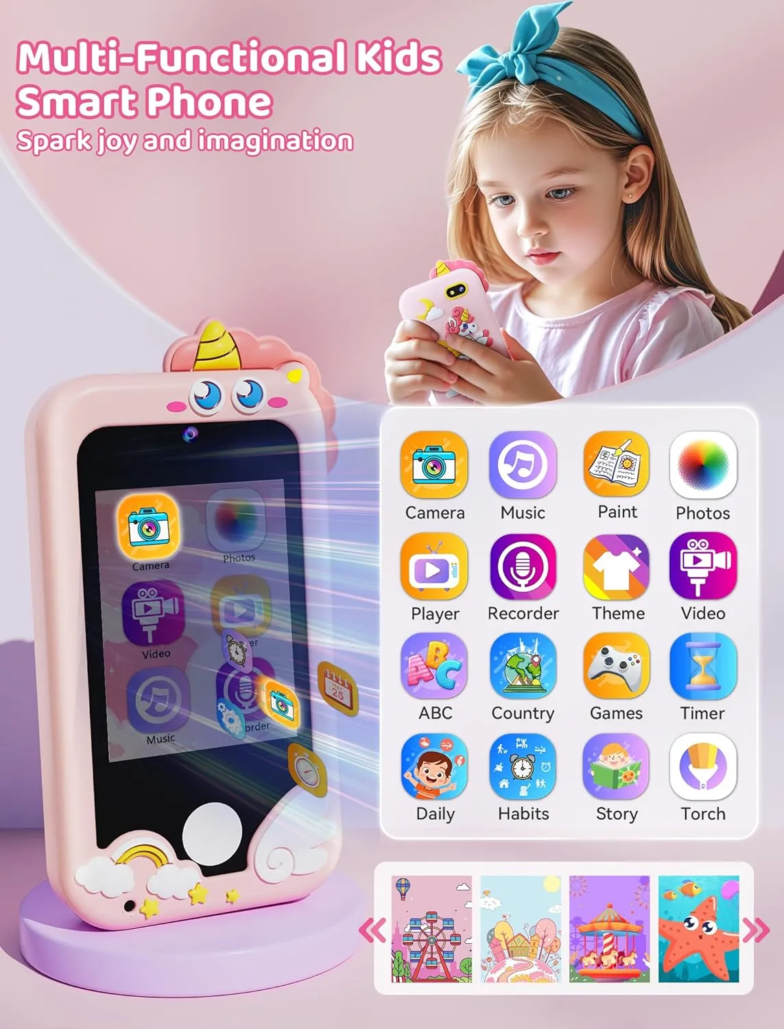 Kikidex Kids Smart Phone for Girls, Perfect Christmas Birthday Gifts for 3-10 Year Old Kids, Touchscreen Learning Play Toy Smartphone with Dual Camera, Puzzle Game, Music Player (Pink)