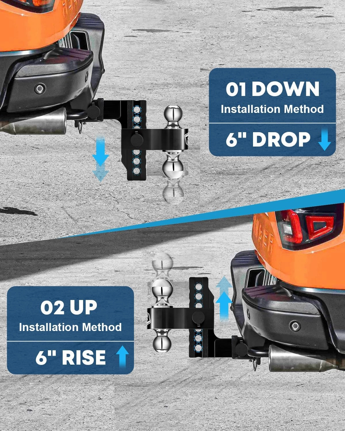 Kohree 6" Adjustable Trailer Hitch Fit 2 Inch Receiver, Dual Solid Ball 2" and 2-5/16"(12,500 LBS GTW), Drop & Rise Heavy Duty Aluminum Tow Hitch with 4 Silencer Pads & 2 Locking Hitch Pin, Black