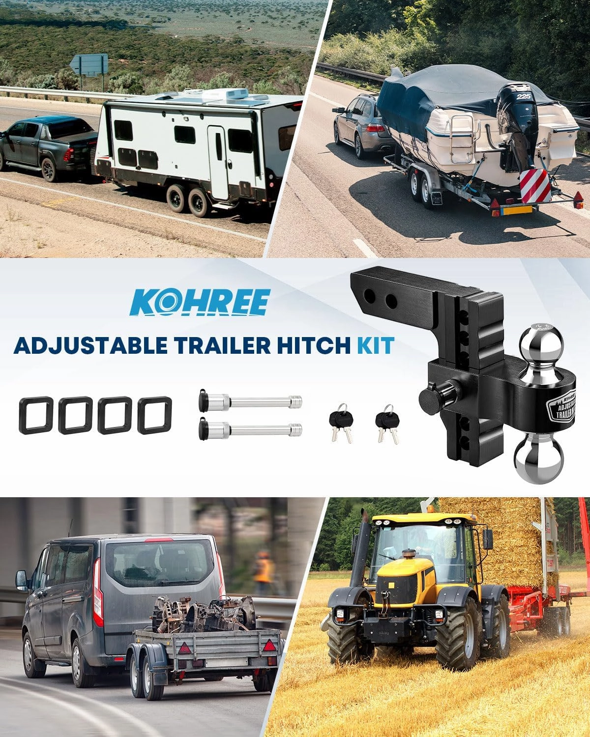 Kohree 6" Adjustable Trailer Hitch Fit 2 Inch Receiver, Dual Solid Ball 2" and 2-5/16"(12,500 LBS GTW), Drop & Rise Heavy Duty Aluminum Tow Hitch with 4 Silencer Pads & 2 Locking Hitch Pin, Black